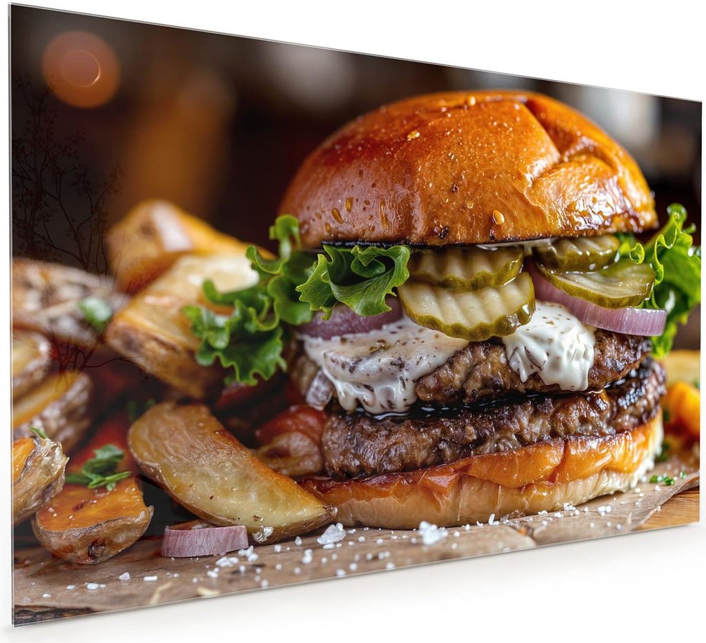 Küchenrückwand Spritzschutz Glas mit Motiv Burger mit Pommes 40 x 40 cm