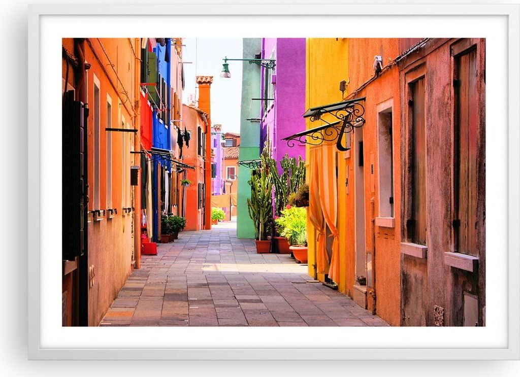 Gerahmtes Poster - Weißer Rahmen - Sommer Straße Haus - 70x50 cm - Wand Bild - Wanddeko - Wandbilder - Kunstposter - Wandposter - Bilderrahmen - ...