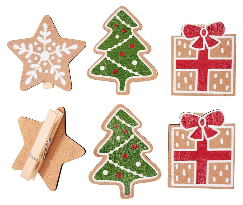 Weihnachtsklammern 6 Stück 5,0-6,2 cm Holz-Dekoration einseitig gestaltet 3 Motive
