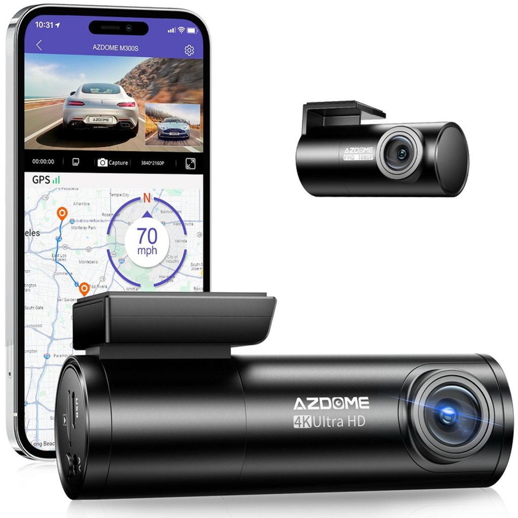 A smartphone displaying a dash cam app interface, a small dash cam, and a larger dash cam.