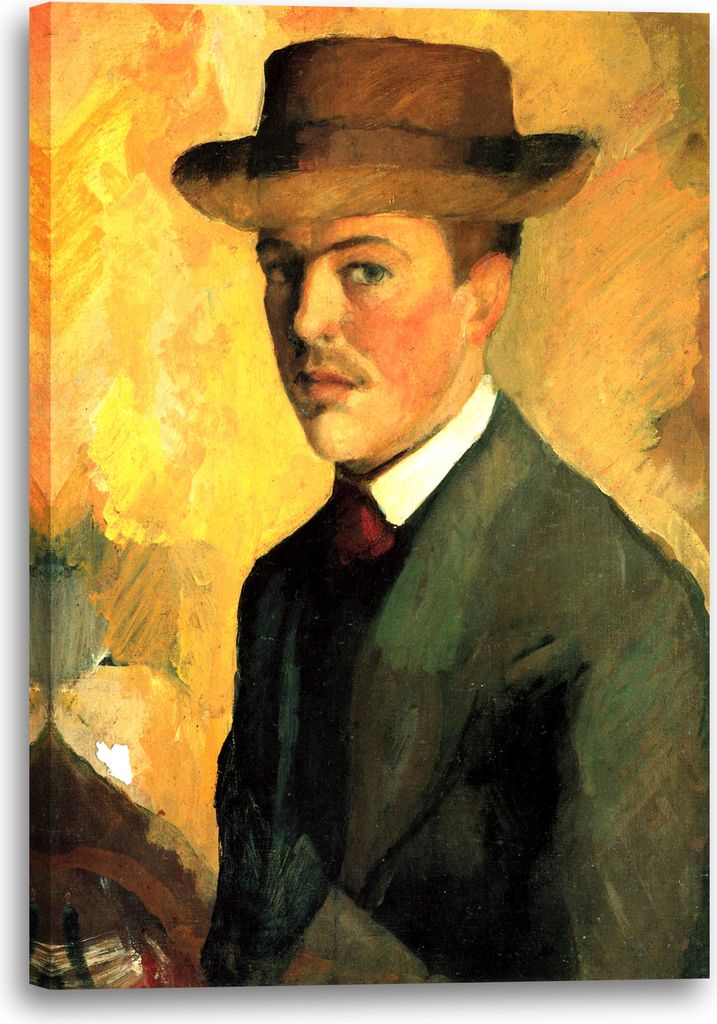 Leinwandbild (60x80cm): August Macke - Selbstportrait mit Hut, echter Holz-Keilrahmen inkl. Aufhänger, handgefertigt in Deutschland
