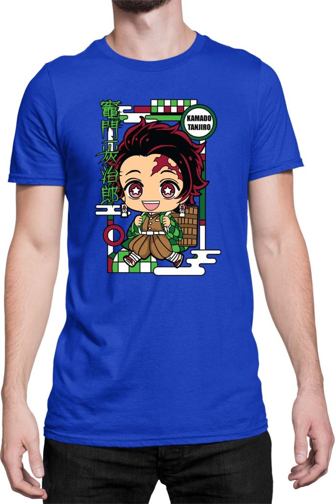 Herren T-Shirt Demon Anime Slayer Kimetsu No Yaiba Chibi Tanjiro Kamado, Man 2XL / Blau