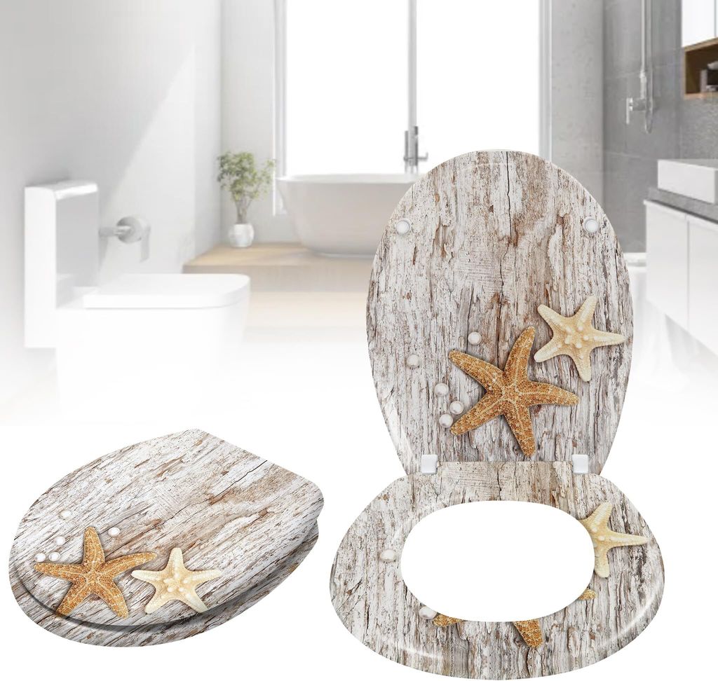 A toilet seat and lid with a wood grain and starfish design, shown in a bathroom setting.