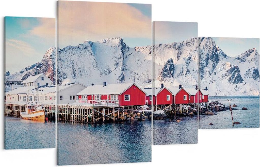 Bild auf Leinwand - Leinwandbild - 4 Teile - Lofoten Dorf Angeln - 120x70cm - Wand Bild - Wanddeko - Wandbilder - Leinwanddruck - Bilder - Wanddeko...