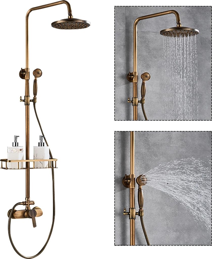 A collage of images showing a vintage-style gold shower fixture with two inset images demonstrating water flow from the showerhead and handheld sprayer.