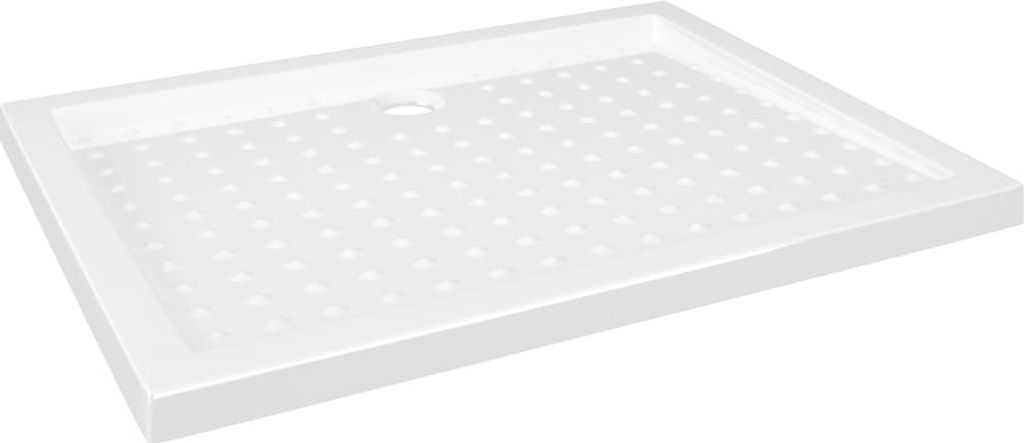 A white shower tray with a textured surface and a drain hole.