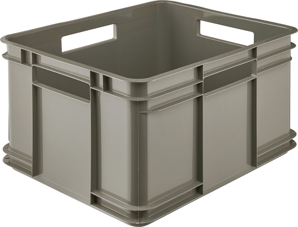 A gray plastic storage box is shown from a slightly elevated angle against a white background.