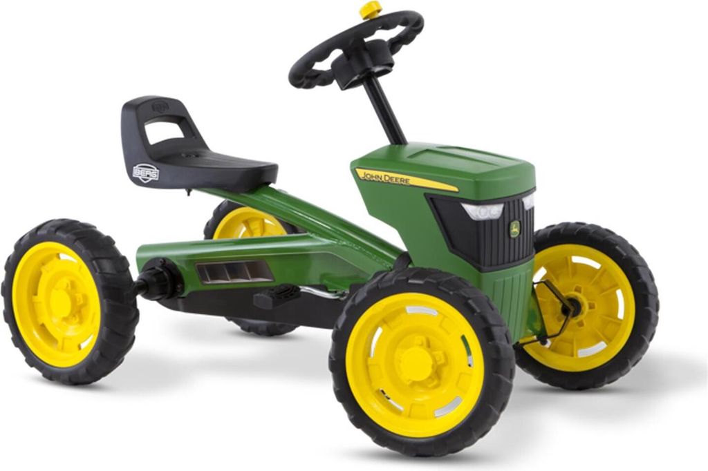 A green and yellow pedal-powered Gokart designed to resemble a John Deere tractor, shown against a white background.