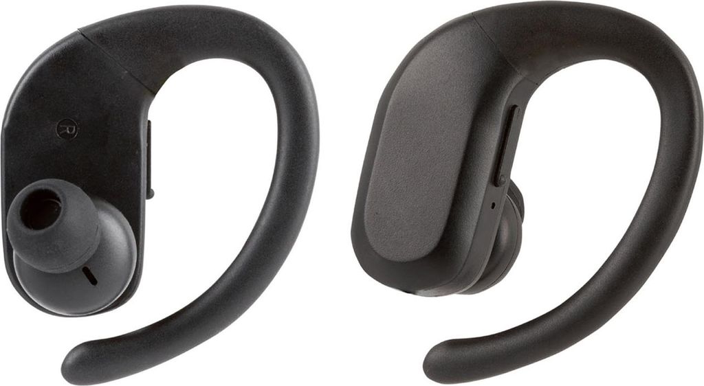 Two black in-ear Bluetooth headphones with ear hooks are shown against a white background.