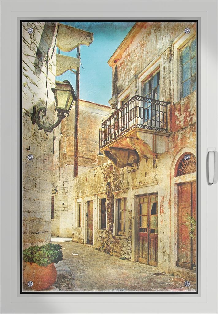 Wallario Lichtschutzbild, Dekorativer Sichtschutz Sonnenschutz 60 x 93 cm mit Motiv: Gasse im Süden, Urlaub in Griechenland - Verdunklung ohne Bohren
