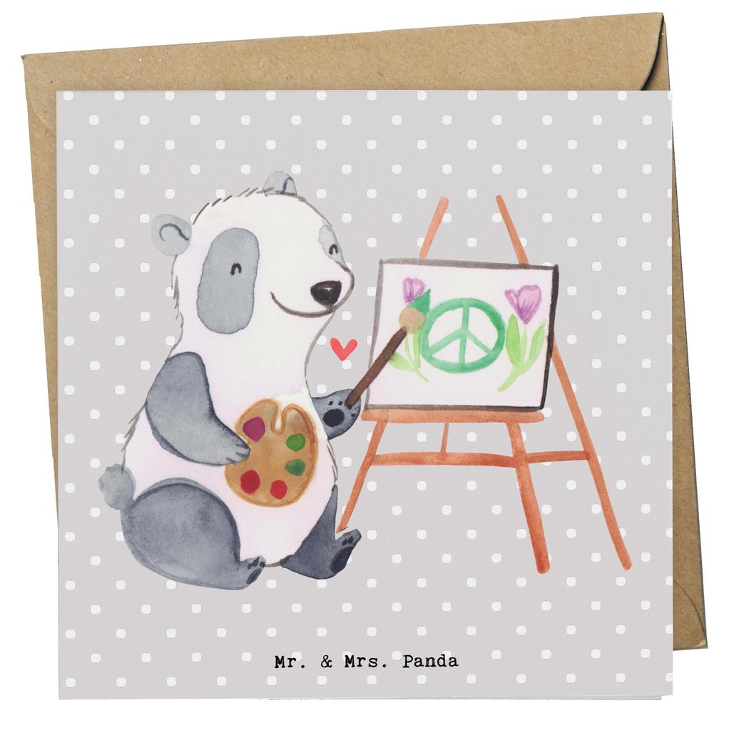 Mr. & Mrs. Panda Klappkarte Künstler Herz - Grau Pastell - Geschenk, Leinwand, doppelkarte, Maler, faltkarte, Grußkarte, Acrylfarben, anlasskarte...