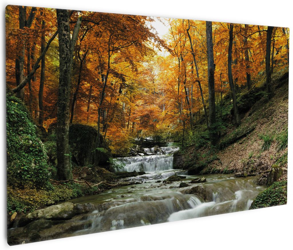 Wallario Premium Leinwandbild Kleiner Bach über Steine im Herbstwald in Größe 60 x 90 cm