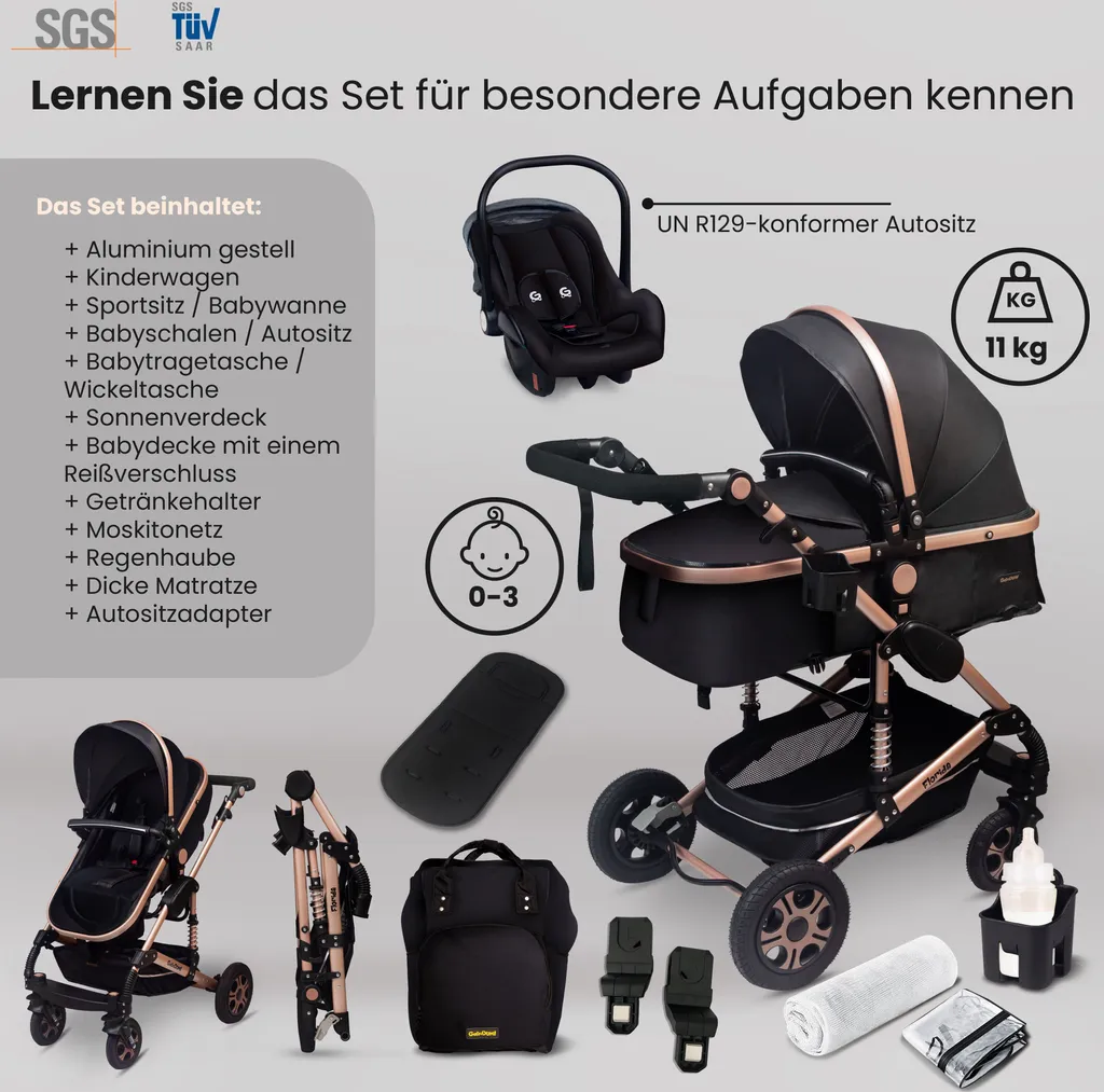 GaGaDumi Florida Poussette 3 en 1 avec Siège Auto et Roues en Gomme