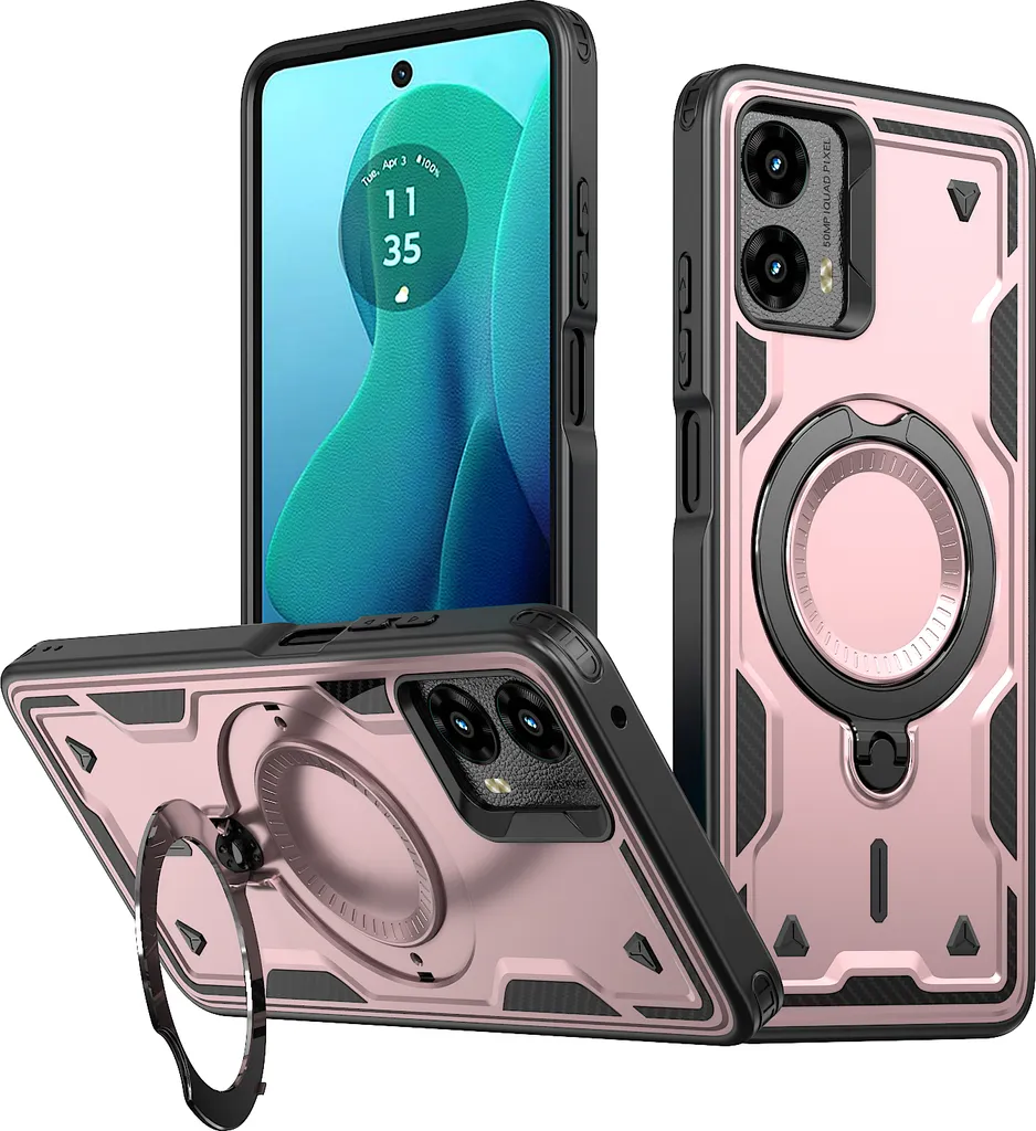 Custodia a doppio strato per Motorola Moto G 5G 2024, custodia protettiva militare magnetica con anello in metallo e supporto Rosa