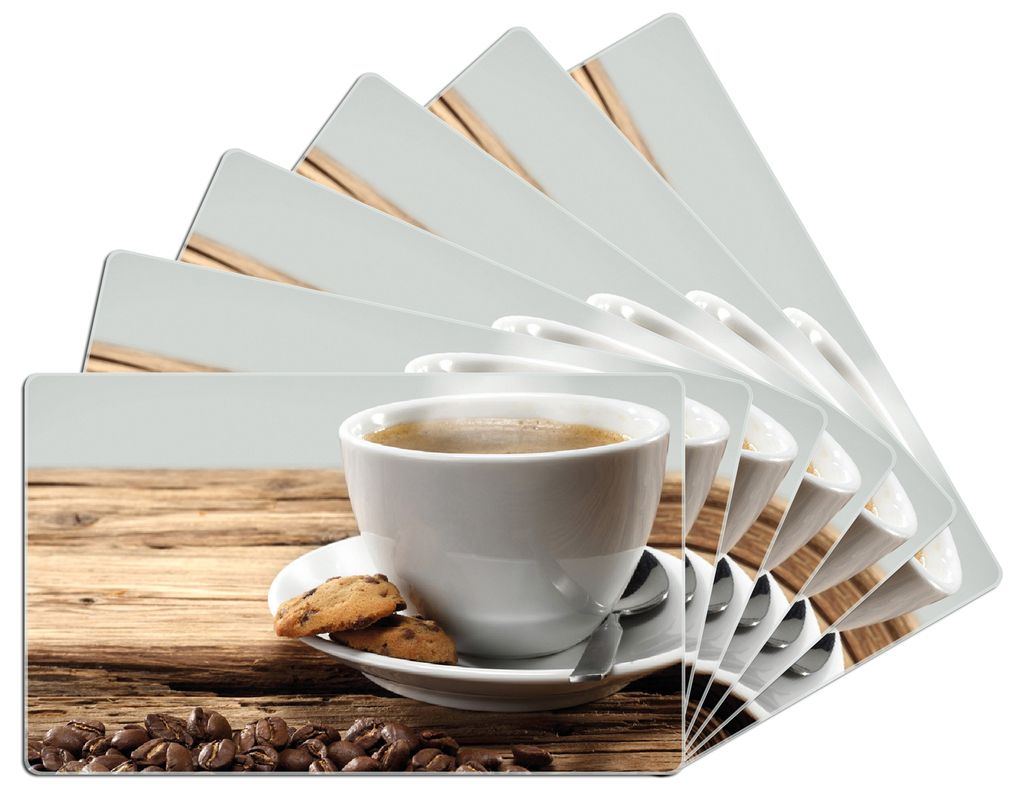 Wallario Frühstücksbrettchen 6er Set aus Glas, je 14 x 23 cm, mit rutschfesten Füßen, Motiv Heiße Tasse Kaffee mit Kaffeebohnen
