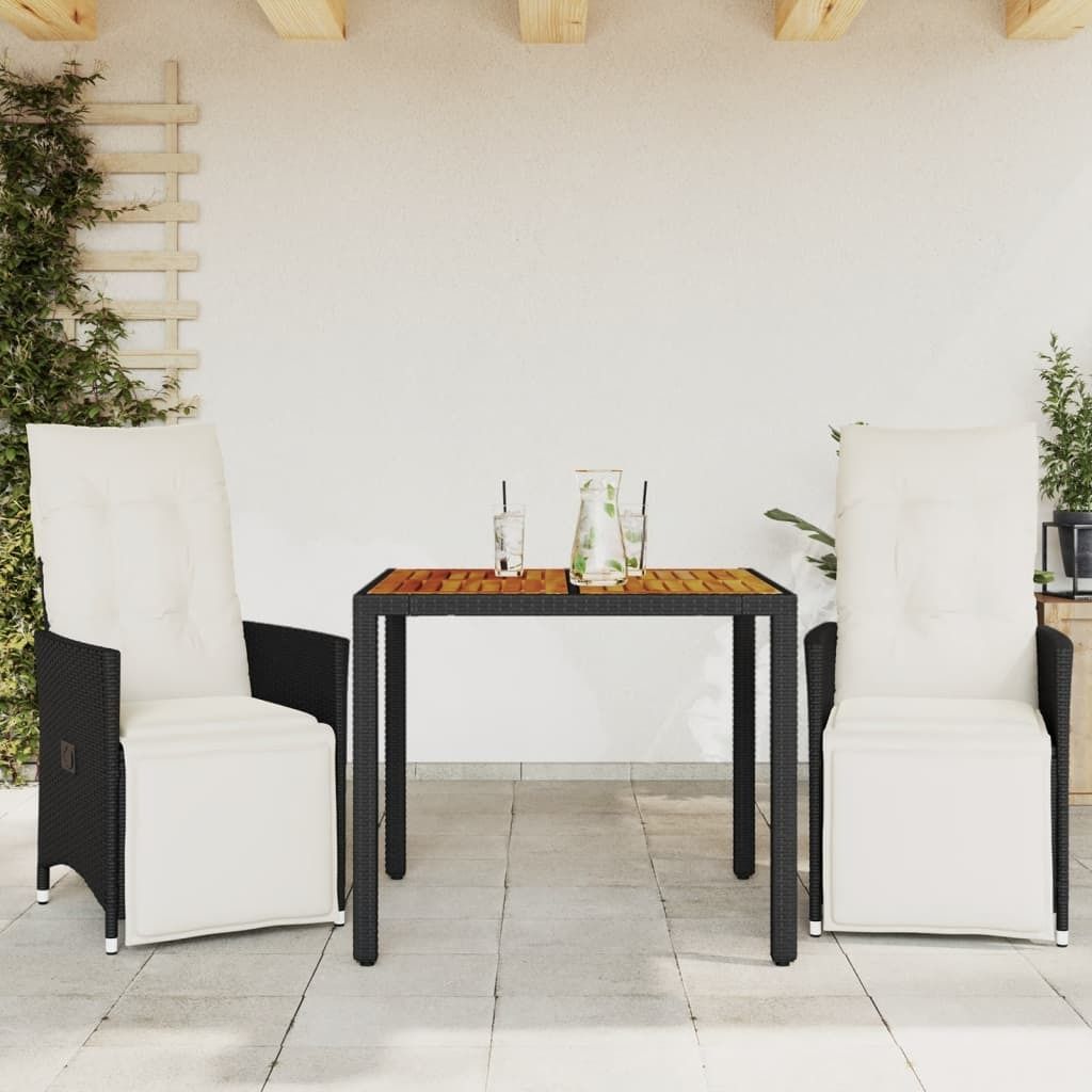 "Rabatt" 3-tlg. Bistro-Set - mit tishe & Stuhl - mit Kissen Schwarz Poly Rattan - Lounge-Dining set CC10777