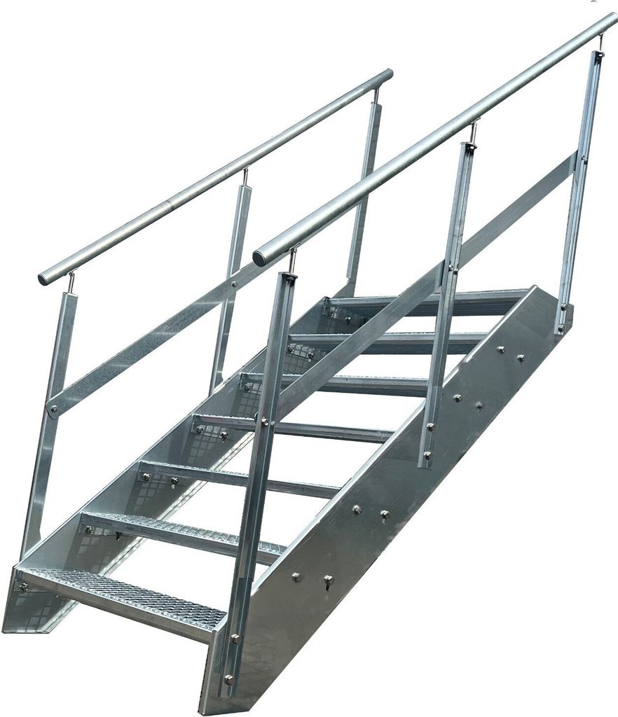 Gitterrost Stahl Wangentreppe 7 Stufen beidsetiges Geländer - Verzinkt - (B x H x T) 100 x 133 x 139 cm