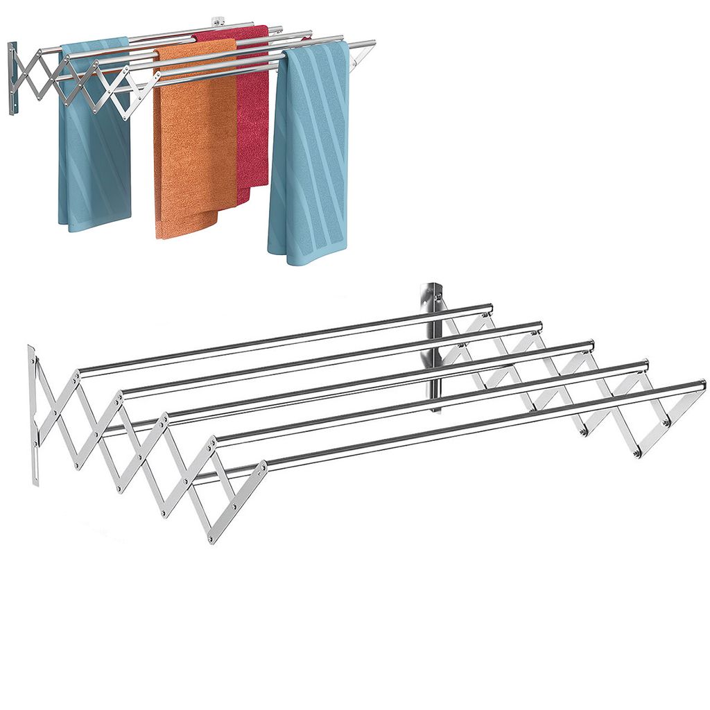 Klappbarer Wäscheständer Wandmontage, Teleskop Design mit 7 Edelstahl Stangen, 80 cm, Faltbarer Trockner für Handtücher, Kleidung und mehr