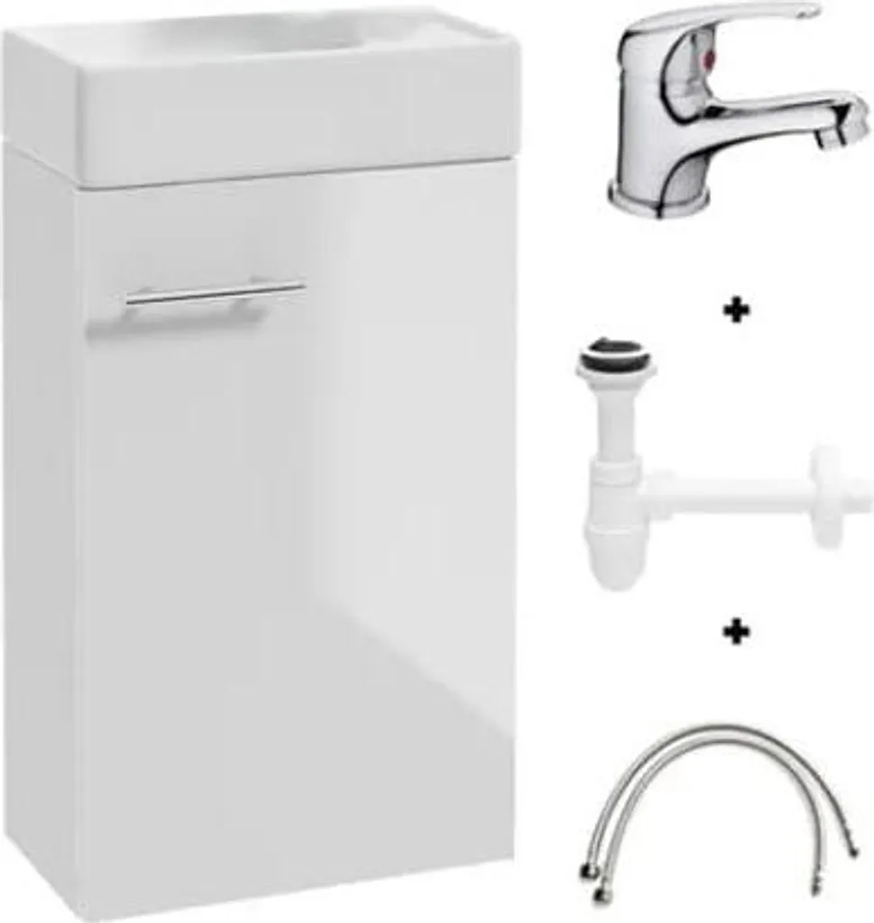 Mobiletto Bagno 40x60 Bianco Completo di Sifone e Miscelatore Cromo