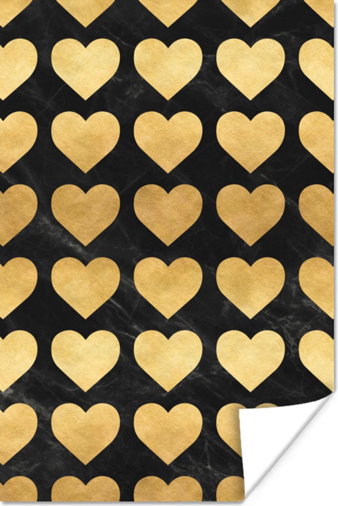 MuchoWow Poster Muster - Herz - Gold - Schwarz 80x120 cm - Papierdruck