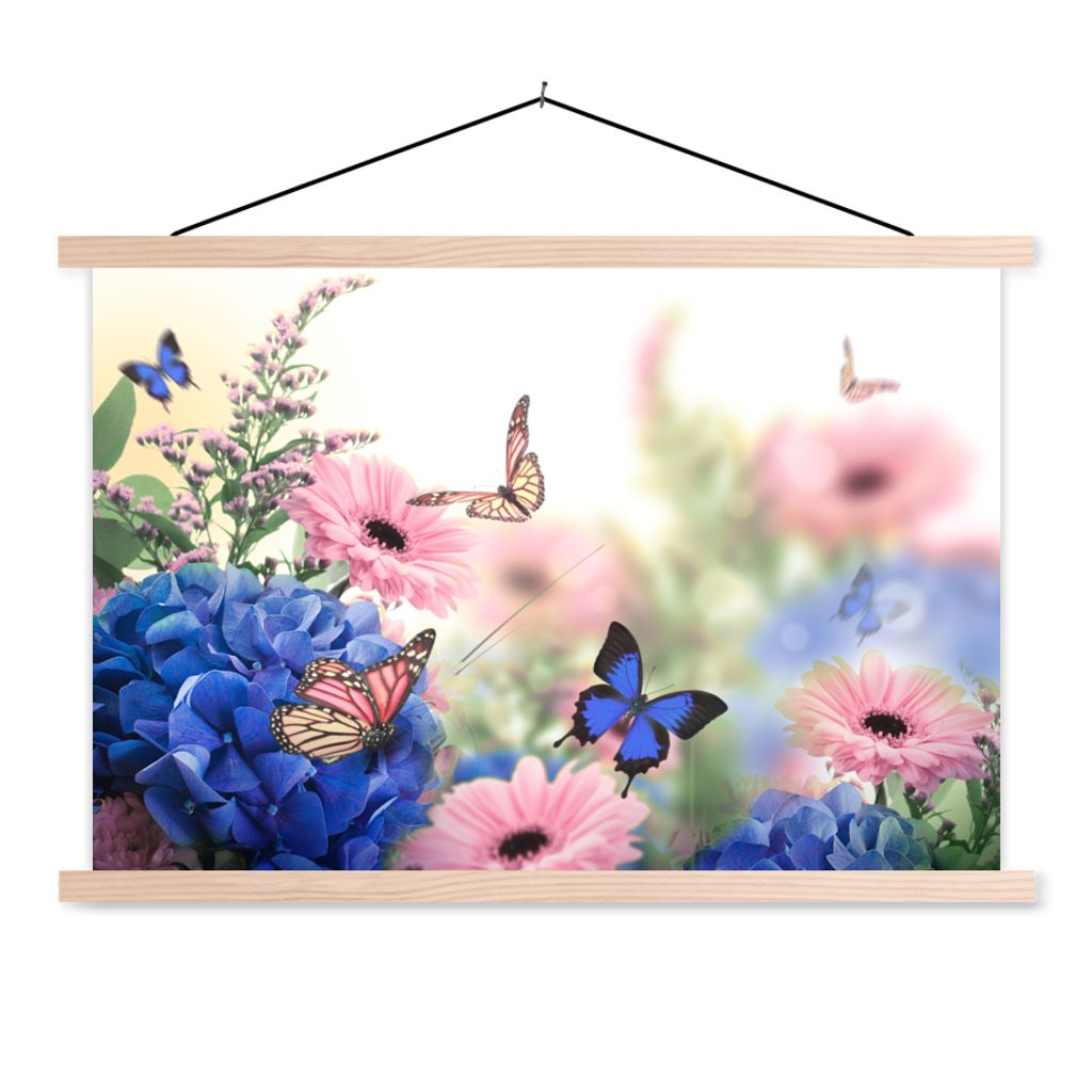 MuchoWow Textilposter Schmetterlinge - Blumen - Hortensien - Insekten 60x40 cm mit holzfarbenen Rahmen - Bilder