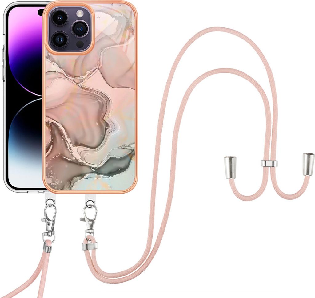 iPhone 15 Pro Handykette Hülle, Muster TPU Bumper Schutzhülle mit verstellbarem Tragegurt für iPhone 15 Pro Crème