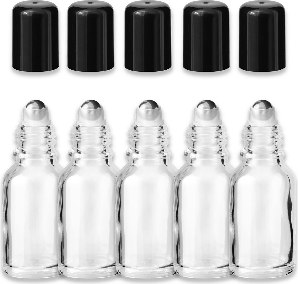 5x Klare Glasflasche Roll-On 15 ml mit schwarzem Schraubverschluss Set