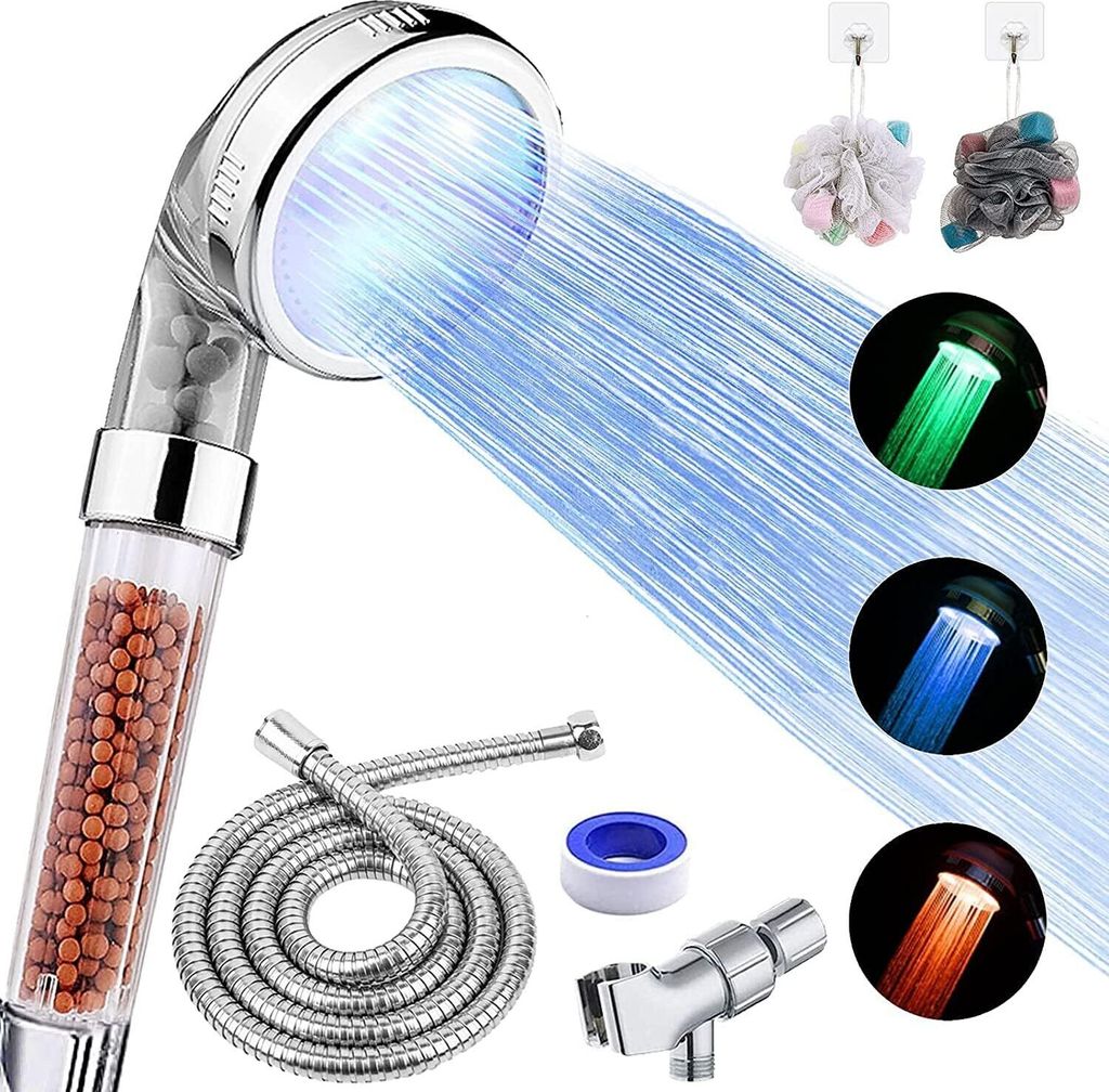LED-Duschkopf mit Handbrause, Hochdruck-Duschkopf mit Schlauch, Halter und PTFE-Band usw., 3 Wassertemperatur-geregelter, wassersparender, gefilter...