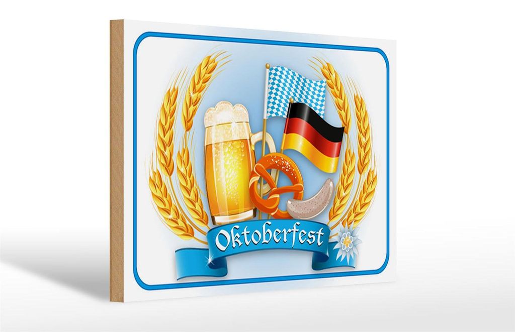 Holzschild , Bier Brezel Wurst, 30 x 20 cm, Holzschilder Spruch Getränke Alkohol Bier Bayern