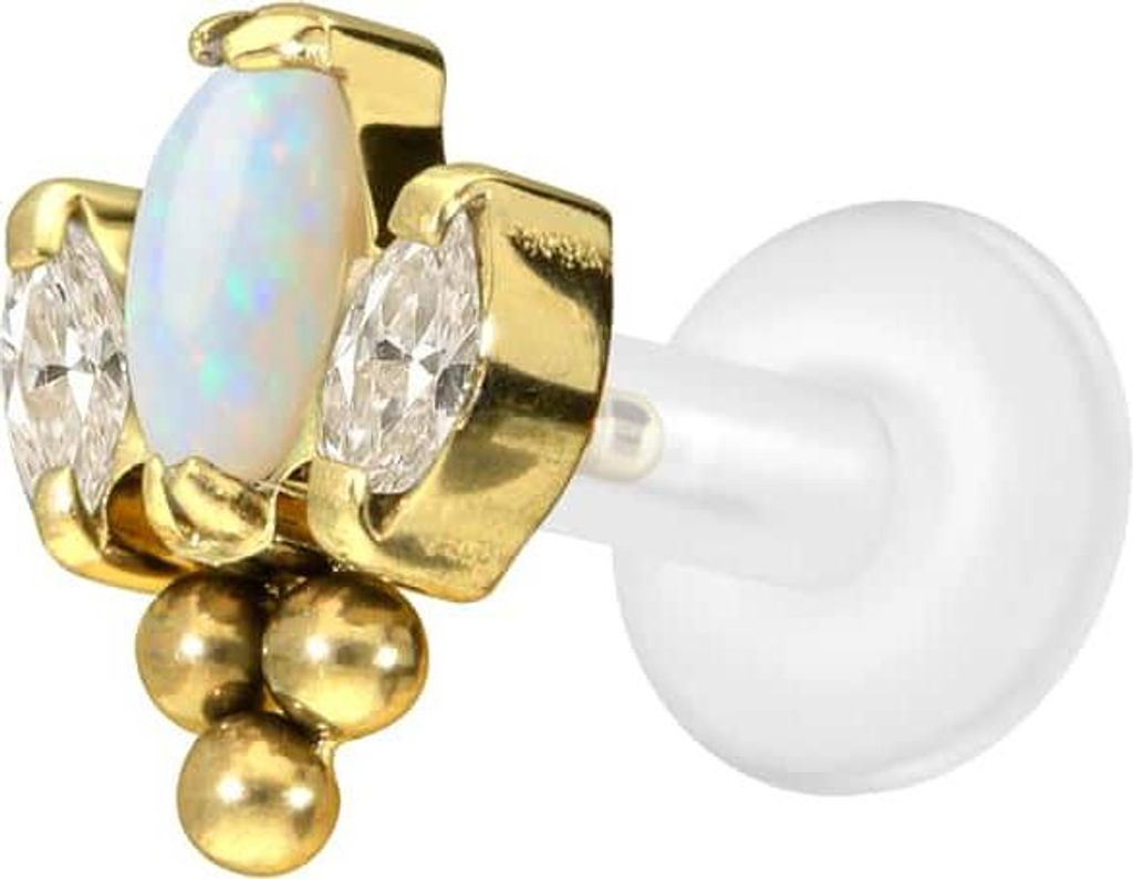 Ohrpiercing, Nasenpiercing PTFE Labret mit Innengewinde + Titan-Aufsatz LOTUSBLÜTE + 3 KUGELN Gold Stablänge: 6mm | Stabstärke: 1,6mm