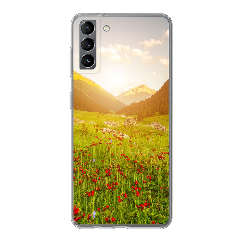MuchoWow Handyhülle Schutzhülle Hülle für Samsung Galaxy S21 Plus Blumen - Berg - Sonne Silikon Softcase Handy Hülle - Handy-Tasche