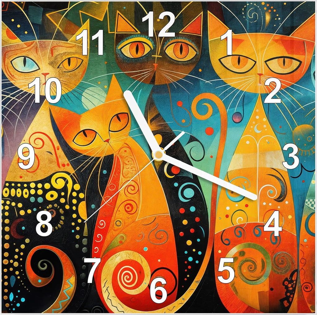 Wanduhr aus Glas mit Motiv Bunte Katzenkunst- 30 x 30 cm - inkl. Aufhängesystem