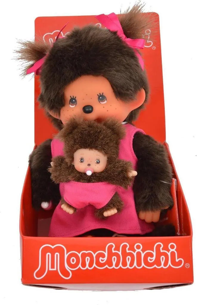 Peluche Monchhichi Fille Rose 20 cm - Doudou Classique avec Tétine