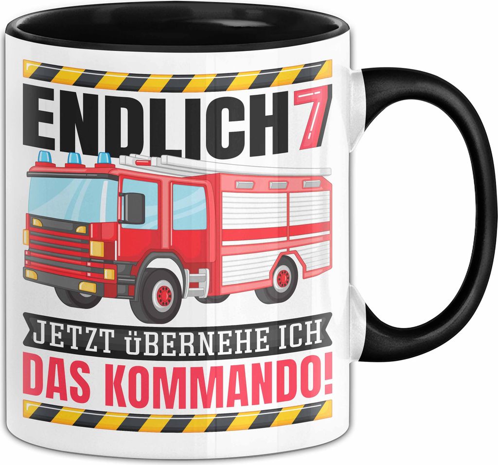 7. Geburtstag Geschenk Tasse Becher Feuerwehr Fan Jungs Jetzt Übernehme Ich Das Kommando Endlich 7 (Schwarz)