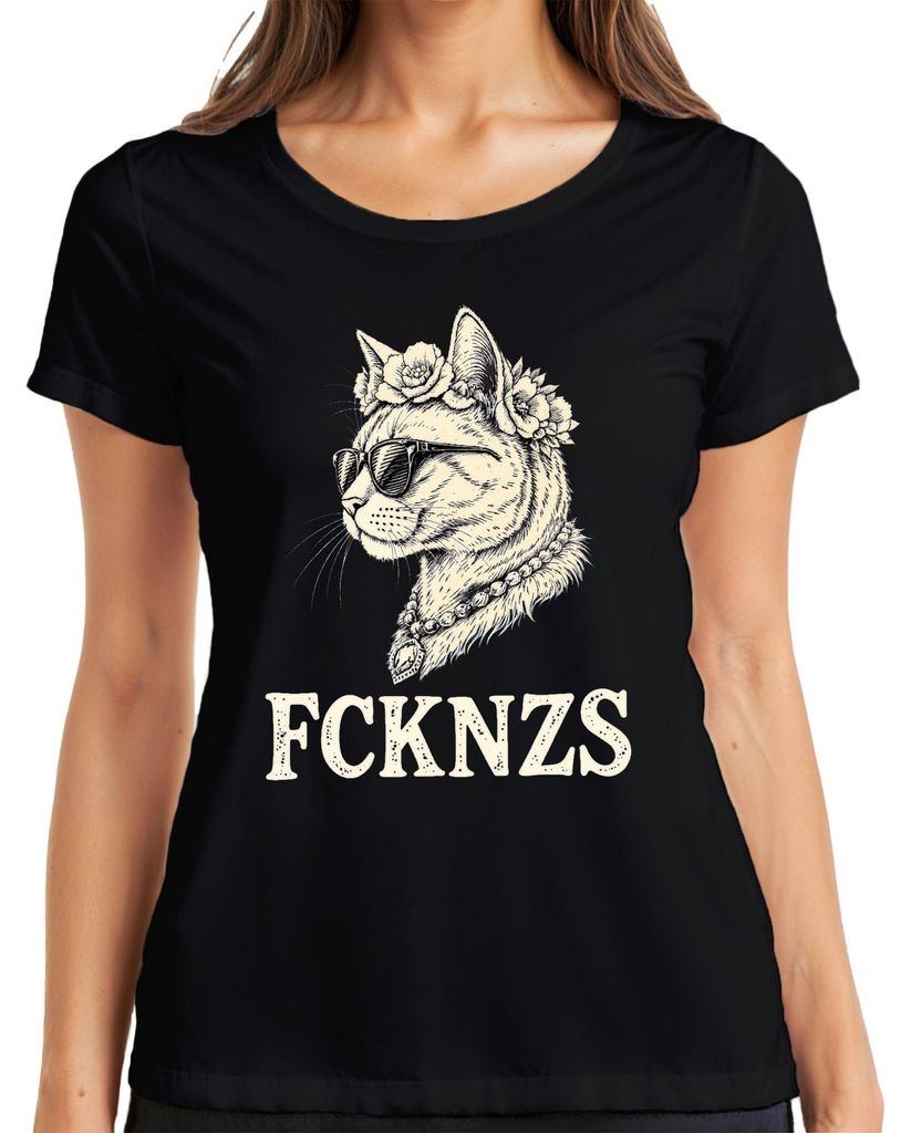 FCKNZS Katze Sonnenbrille Blumenkranz Retro Vintage Geschenk Damen T-Shirt, Schwarz, L