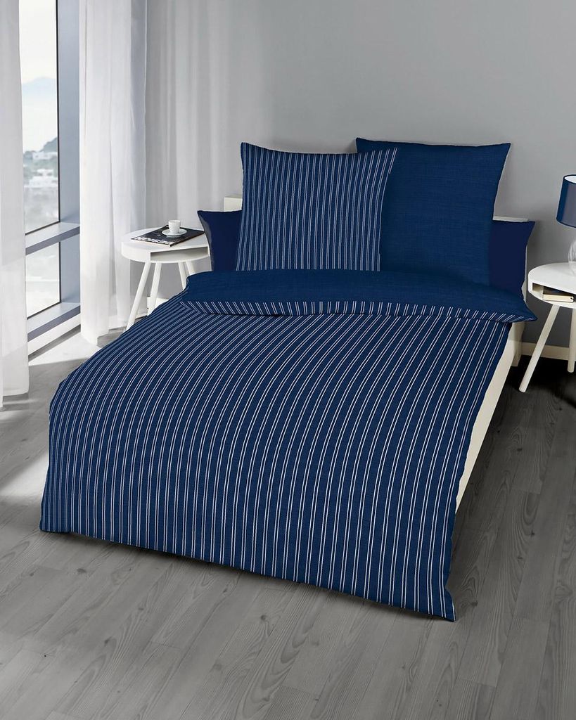 Kaeppel Satin Bettwäsche Mako Eternity Combo Streifen 100% Baumwolle Reißverschluss Bettbezug Kissenbezug Bettgarnitur Bettzeug 200x200 cm Marine