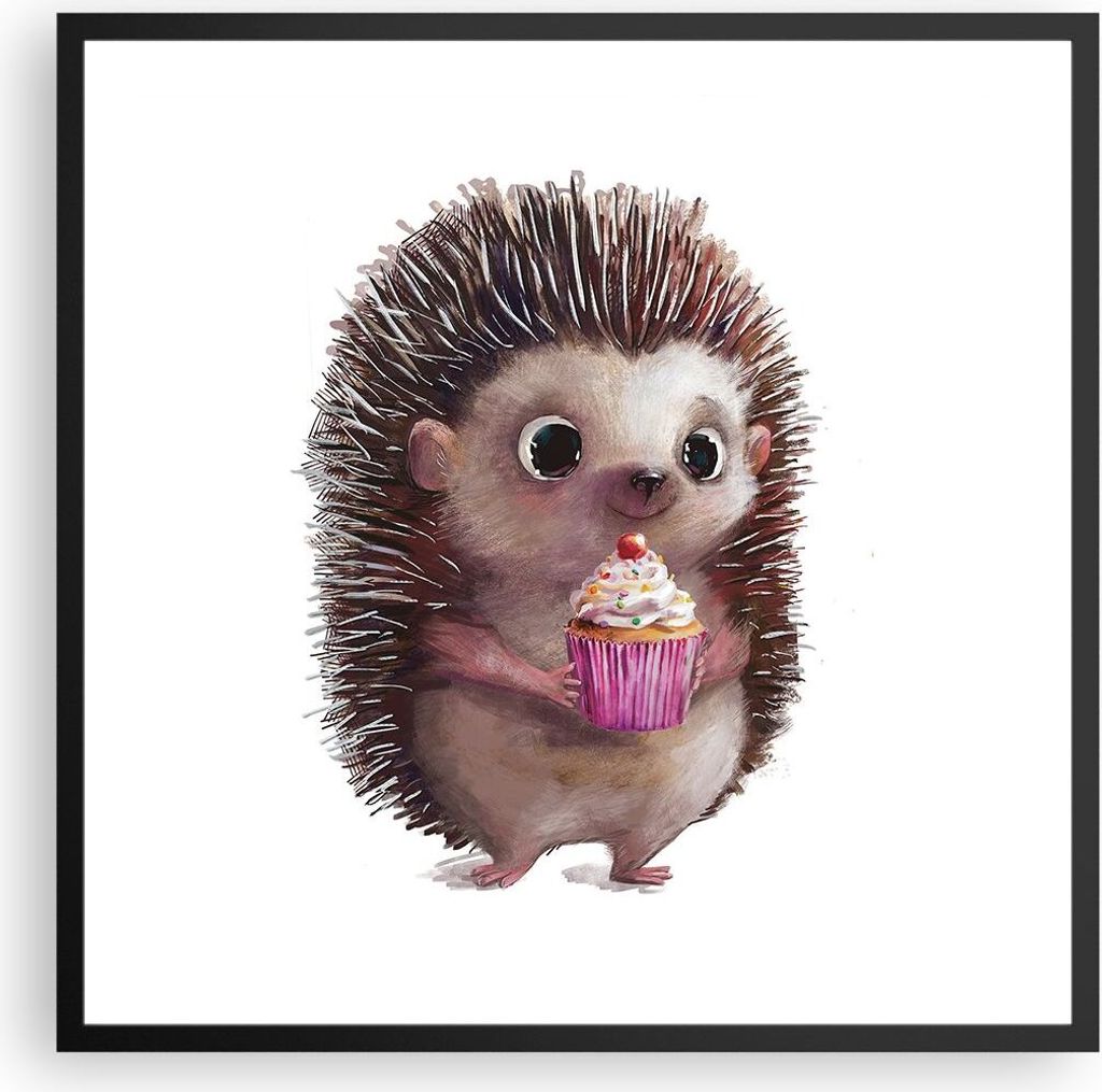 Gerahmtes Poster - Schwarzer Rahmen - Igel Cupcake Kinder - 60x60 cm - Wand Bild - Wanddeko - Wandbilder - Kunstposter - Wandposter - Bilderrahmen ...