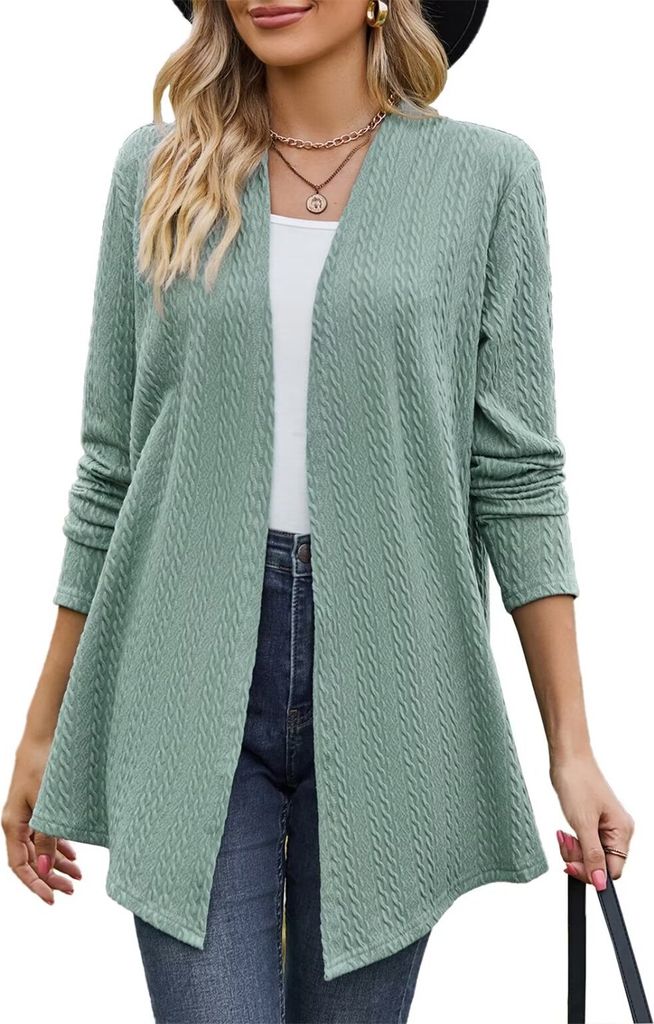 ASKSA Damen Strickjacke Kable Drapieren Lange aermel Offene Vorne Elegante Cardigan Strickpullover, Gruen, M