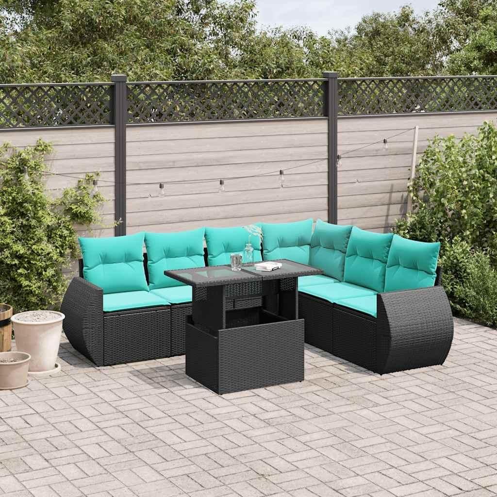 Maison Exclusive - 7-teiliges Gartensofa-Set mit Kissen, schwarzes Polyrattan