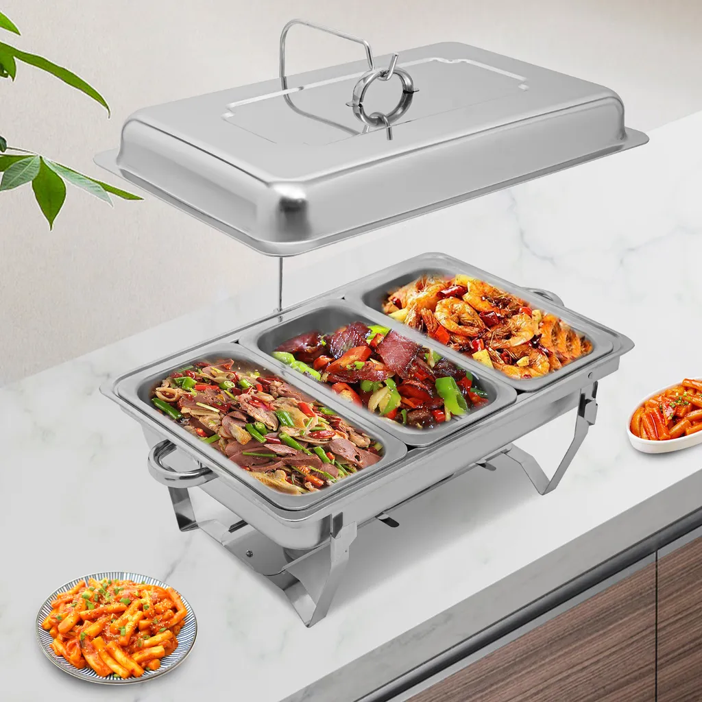 Chafing Dish Rectangulaire 9L Argenté - Réchaud de Buffet 3 Récipients - 3