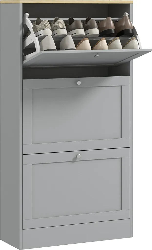Armoire à chaussures gain de place grise 3 abattants pour 18 paires