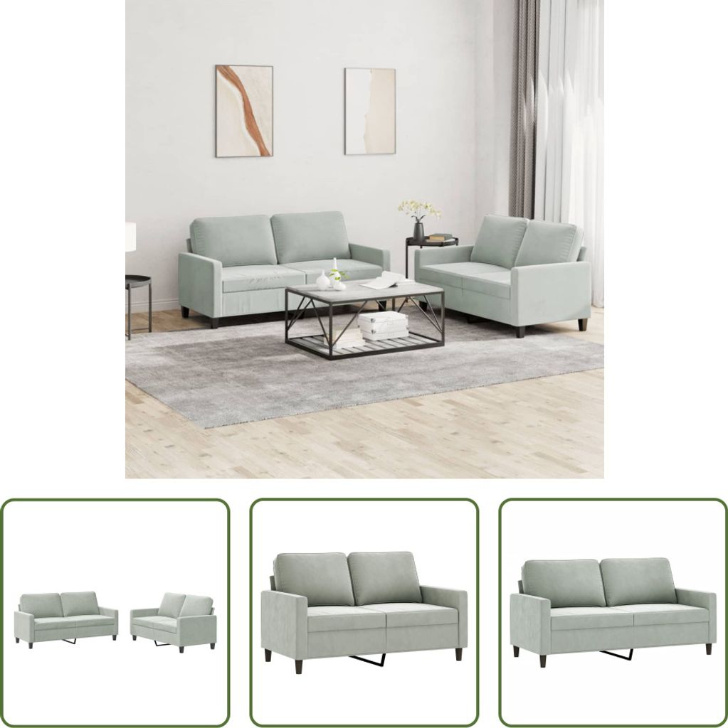 The Living Store 2-tlg. Sofagarnitur mit Kissen Hellgrau Samt