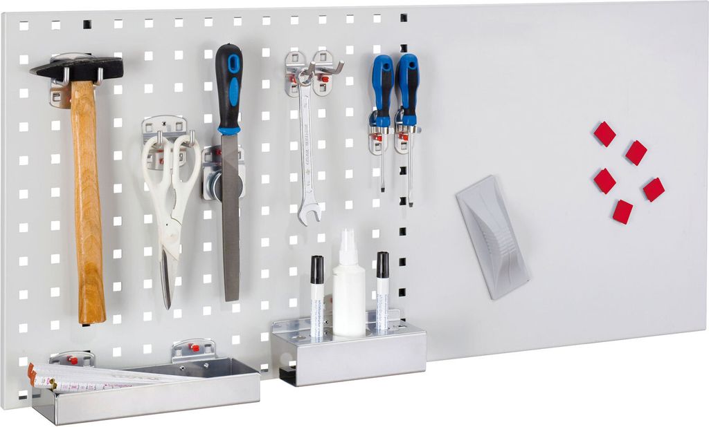 Organisationswand, BxH 1000x450 mm, RAL 7035, Beschriftungsfläche rechts, Lochplattenfläche links, inkl. Zubehör, Set 1