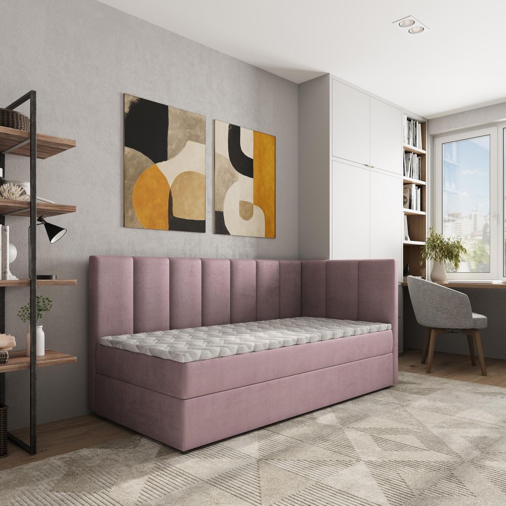 Masseno Boxspringbett BEVE 80x200 cm Komplett-Set mit Bonell Matratze und Topper, Polsterbett mit Bettkästen -Rosa, KRONOS 27