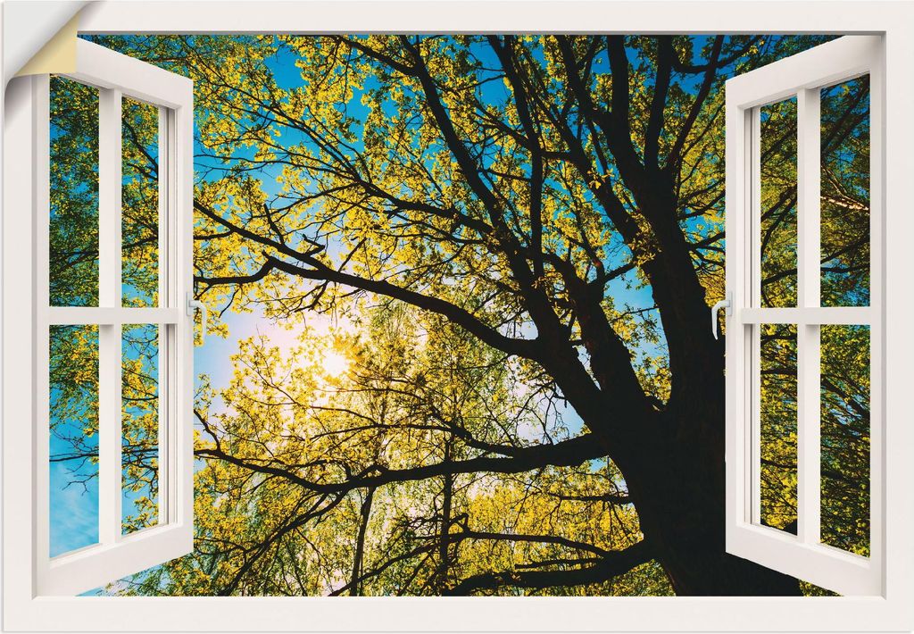 ARTland Wandbild, selbstklebend Fensterblick Frühlingssonne Baumkrone Größe: 130x90 cm