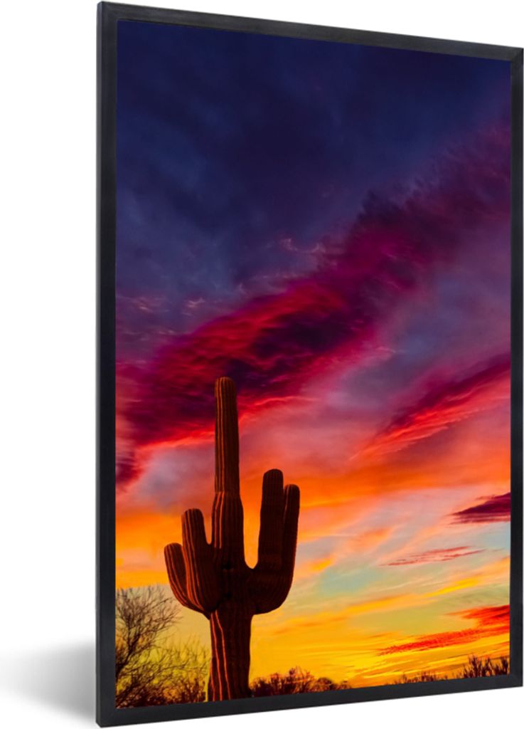MuchoWow Gerahmtes Poster Kaktus - Himmel - Sonnenuntergang - Lila - Rosa 20x30 cm - Poster mit Schwarzem Bilderrahmen Wandposter Rahmen Foto Bil...