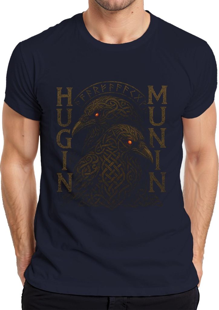 Nordische Raben Hugin Munin Wikinger Mythologie Runenkrieger Herren T-Shirt, Navy, XL