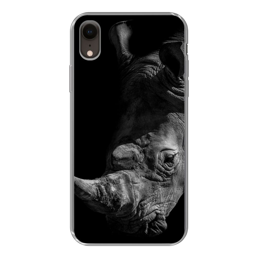 MuchoWow Handyhülle Schutzhülle Hülle für iPhone XR Nahaufnahme eines Nashorns auf schwarzem Hintergrund Silikon Softcase Handy Hülle - Schu...