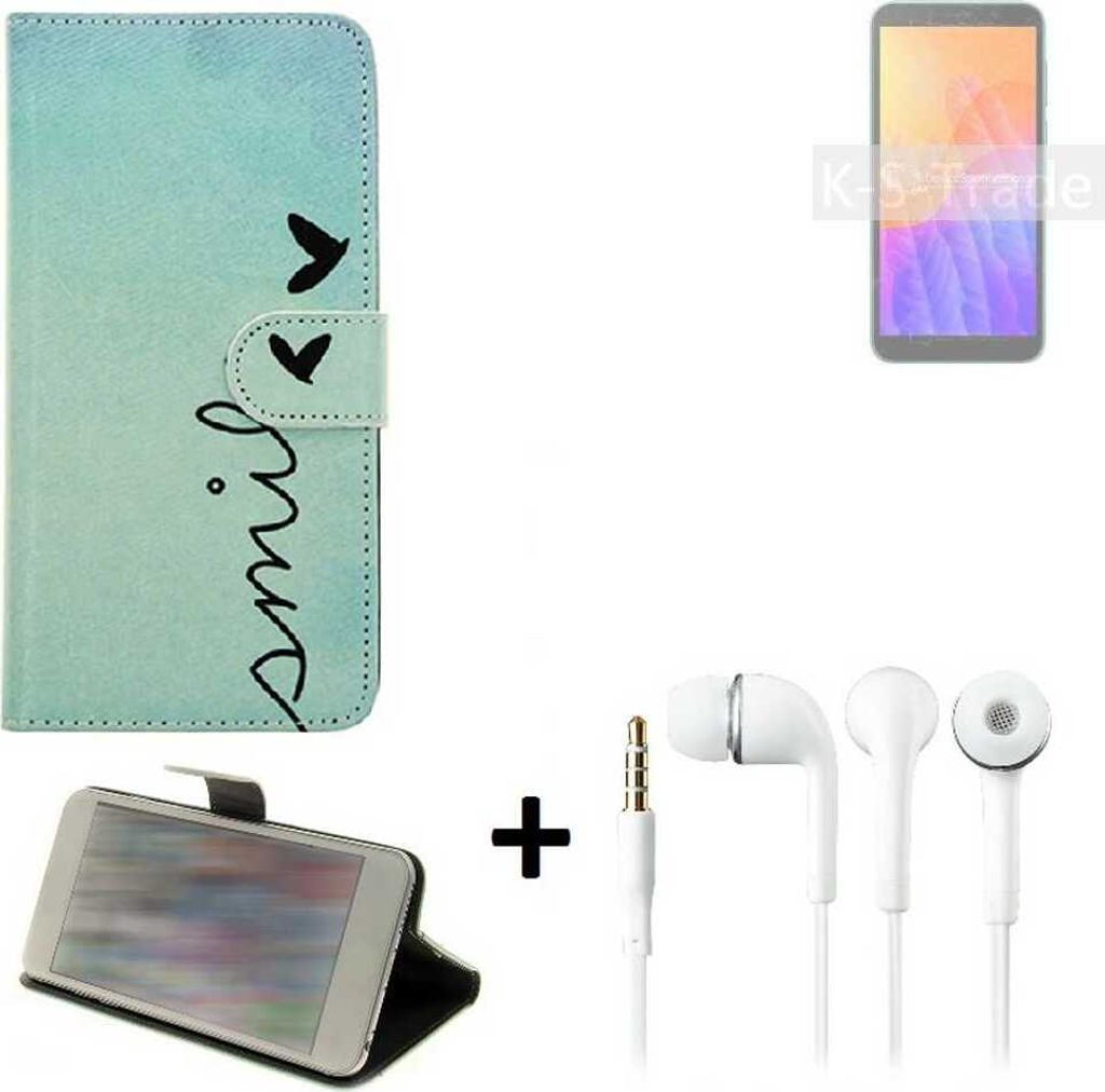 K-S-Trade Schutz Hülle Handy Hülle kompatibel mit Huawei Y5p 360° Wallet Case Schutz Hülle ''smile'' inkl. Ohrstöpsel Smartphone cover Flipstyle