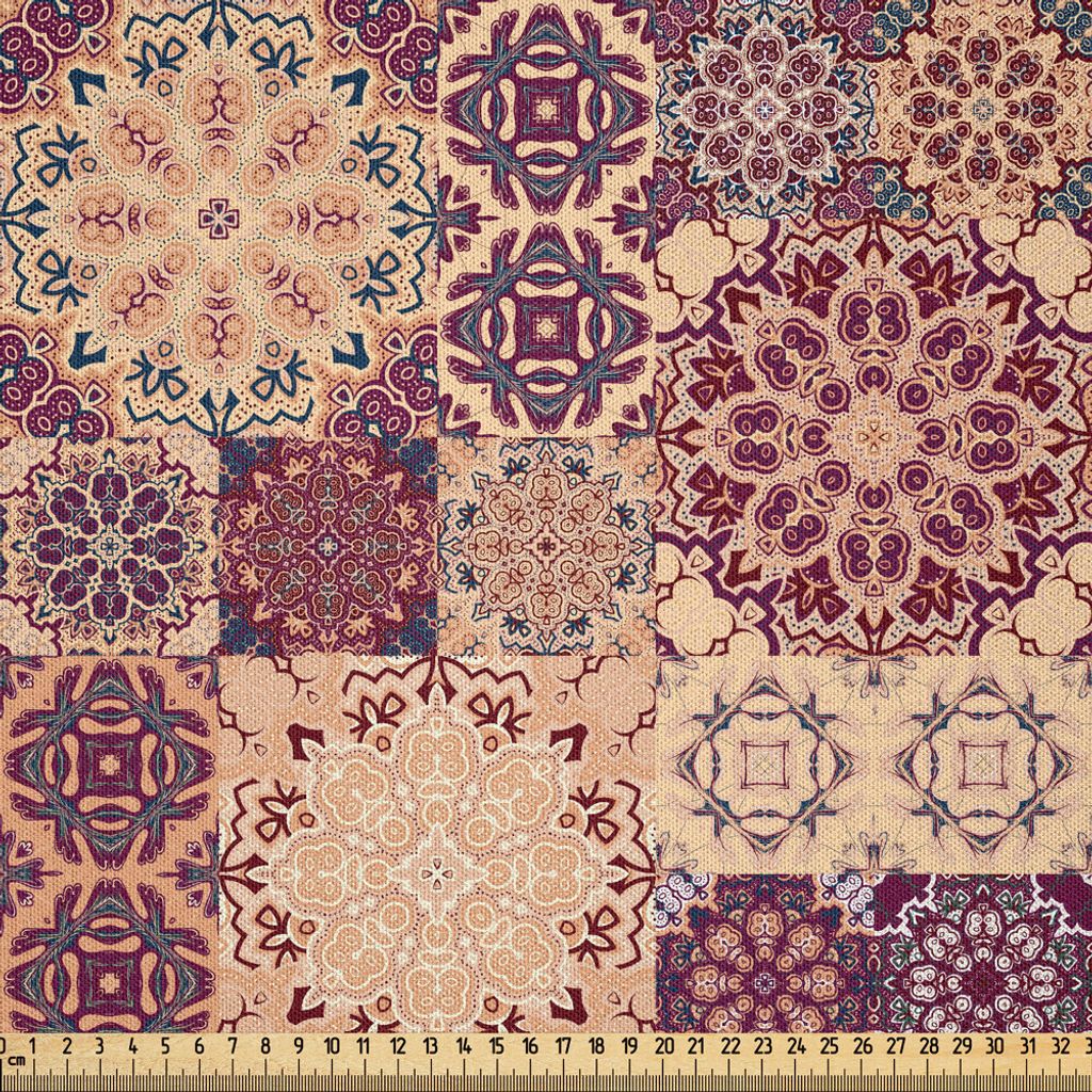 ABAKUHAUS marokkanisch Microfaser Stoff als Meterware , Grid Style Ornate Keramik Stil Fliesen Orient Vintage Inspirationen, 1 M (230 x 100 cm), Bl...
